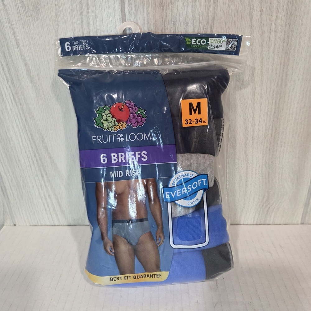 6 Blue Gray Medium M 32-34 Inch Briefs Mid Rise Fruit of the Loom M 81-86 CM